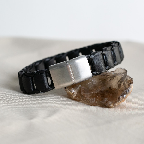 Black Leather Bracelet 8.5" with Stainless Steel Clasp